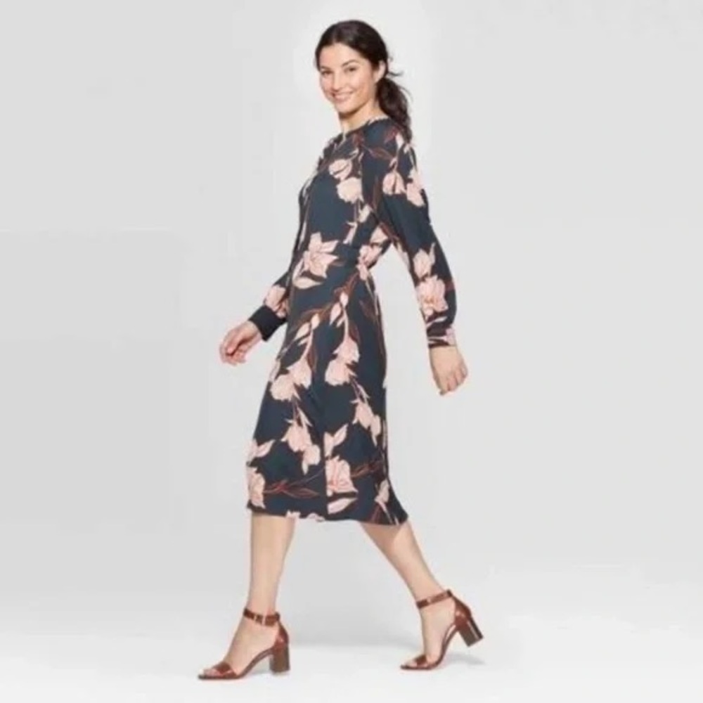 A New Day Green & Pink Floral Long-Sleeve Button-Down Midi Maxi Dress - Size XS